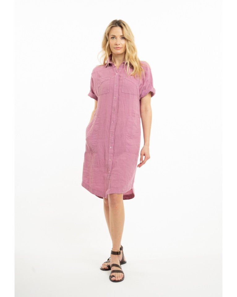 Linen T-silhouette dress with dropped shoulders and button closure (V)