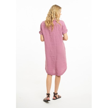 Linen T-silhouette dress with dropped shoulders and button closure (V)