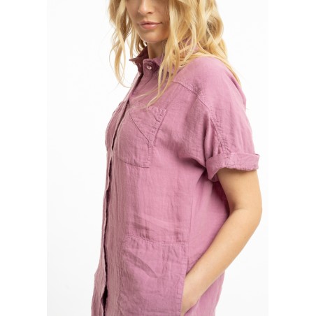 Linen T-silhouette dress with dropped shoulders and button closure (V)