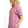 Linen T-silhouette dress with dropped shoulders and button closure (V)