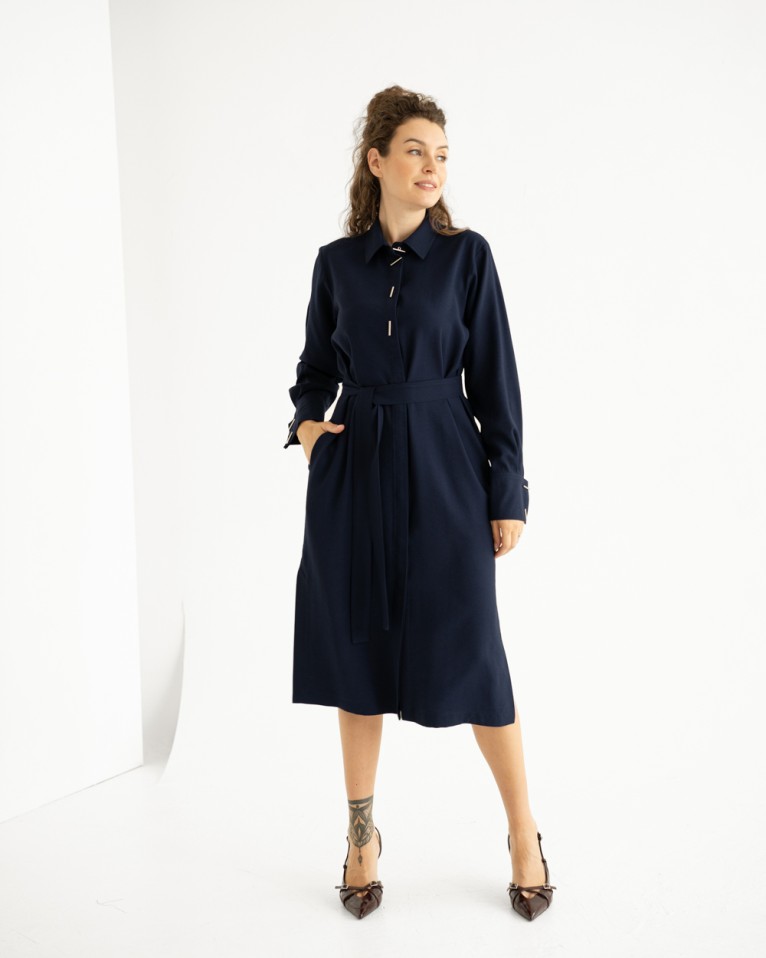 Elegant Blue Business Dress with Belt | Midi Dress