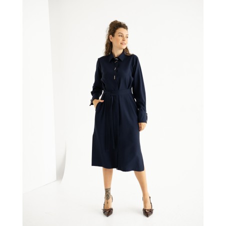 Elegant Blue Business Dress with Belt | Midi Dress