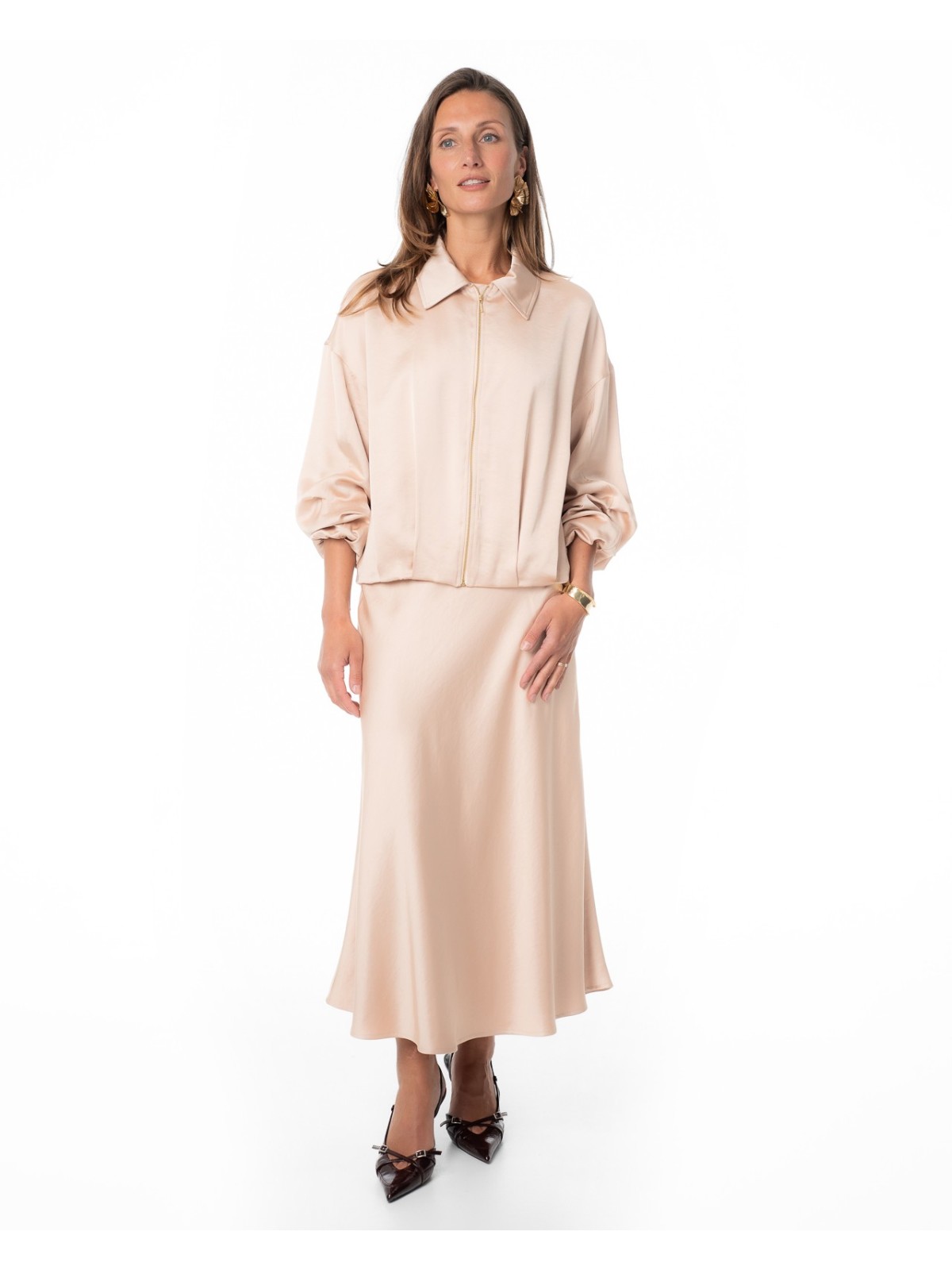 Cream Satin Bomber-Style Jacket