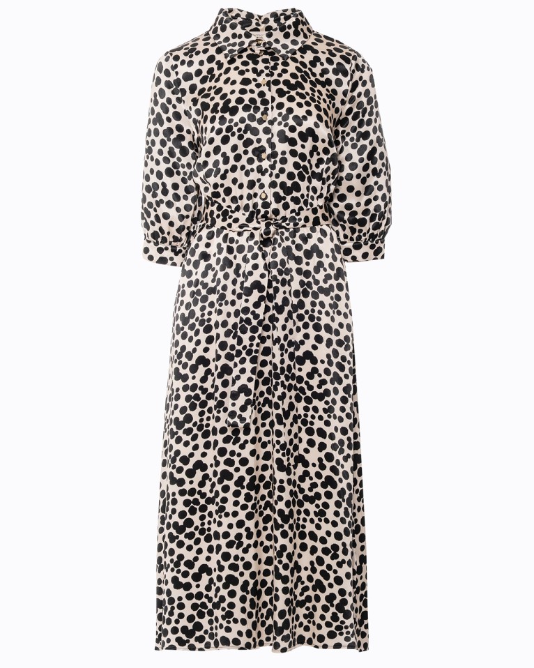 Beige Printed Midi Dress with Shirt Collar
