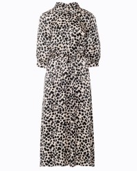 Beige Printed Midi Dress with Shirt Collar