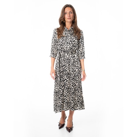 Beige Printed Midi Dress with Shirt Collar
