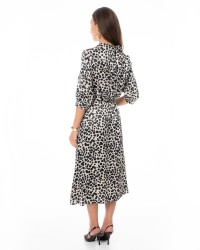 Beige Printed Midi Dress with Shirt Collar