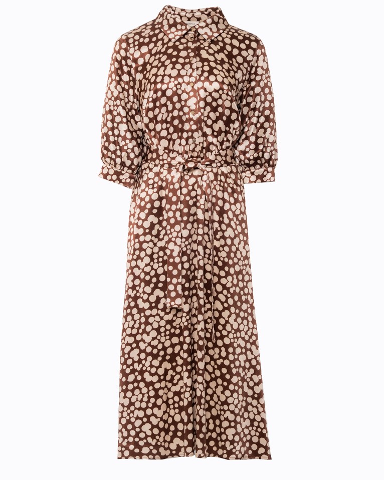 Brown Printed Midi Dress with Shirt Collar