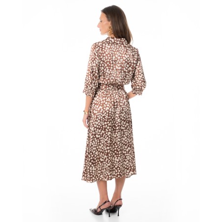 Brown Printed Midi Dress with Shirt Collar