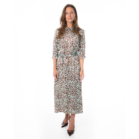 Brown Midi Dress with Turquoise Print