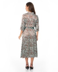 Brown Midi Dress with Turquoise Print