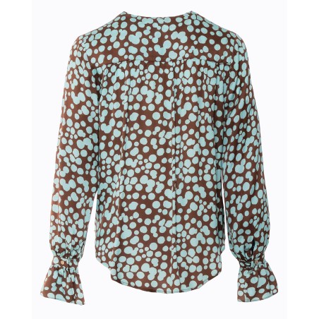 Brown Satin Blouse with Turquoise Print