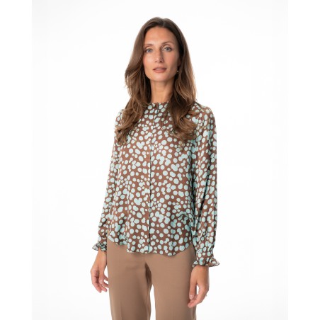 Brown Satin Blouse with Turquoise Print